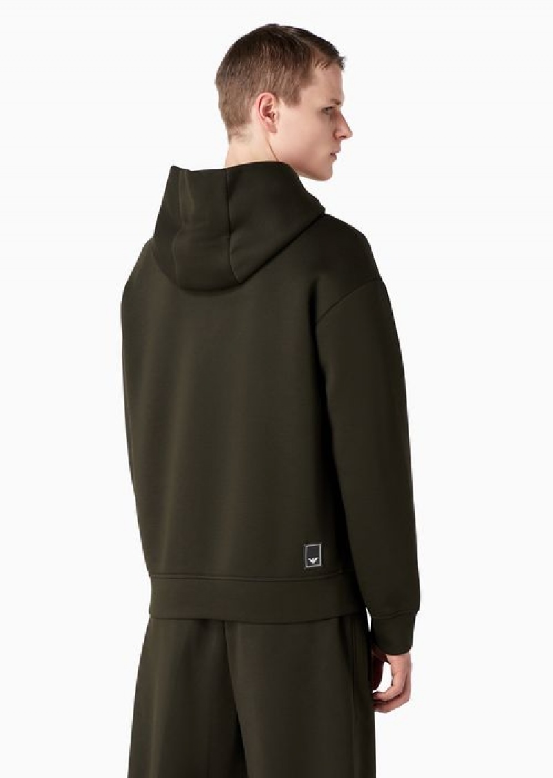 Military Green Emporio Armani Travel Essentials Chevron-embroidered Modal Hooded, Zip-up Sweatshirt | EA-SN58492