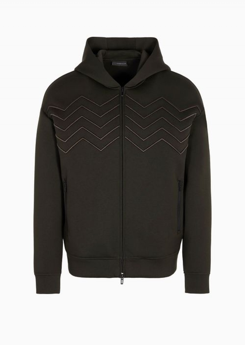 Military Green Emporio Armani Travel Essentials Chevron-embroidered Modal Hooded, Zip-up Sweatshirt | EA-SN58492