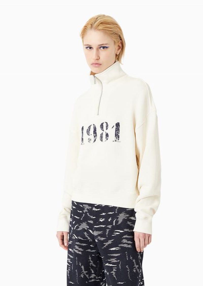 Milky White Emporio Armani 1981 Asv Capsule Soft-touch Organic-jersey Sweatshirt With Partial Zip | EA-SN56983