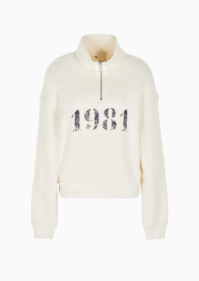 Milky White Emporio Armani 1981 Asv Capsule Soft-touch Organic-jersey Sweatshirt With Partial Zip | EA-SN56983