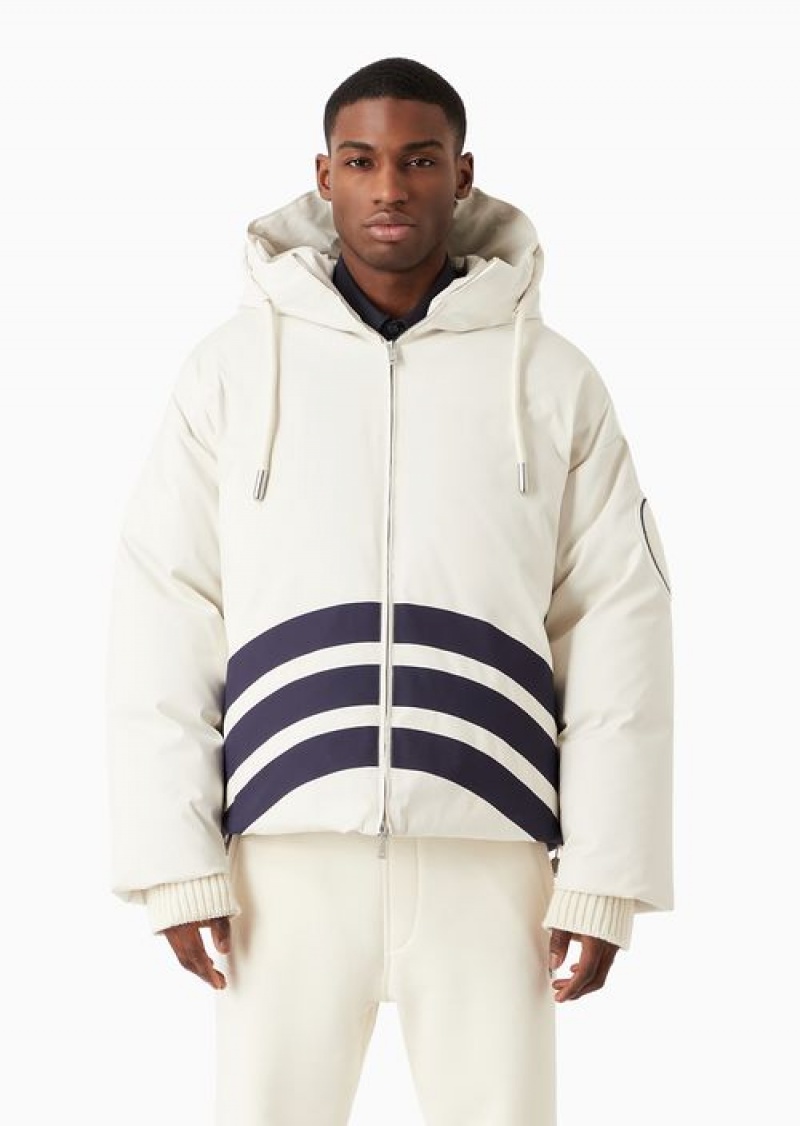 Milky White Emporio Armani Asv Capsule Organic Gabardine Puffer Jacket With Igloo Hood | EA-SN58164