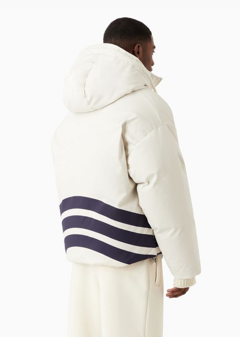 Milky White Emporio Armani Asv Capsule Organic Gabardine Puffer Jacket With Igloo Hood | EA-SN58164