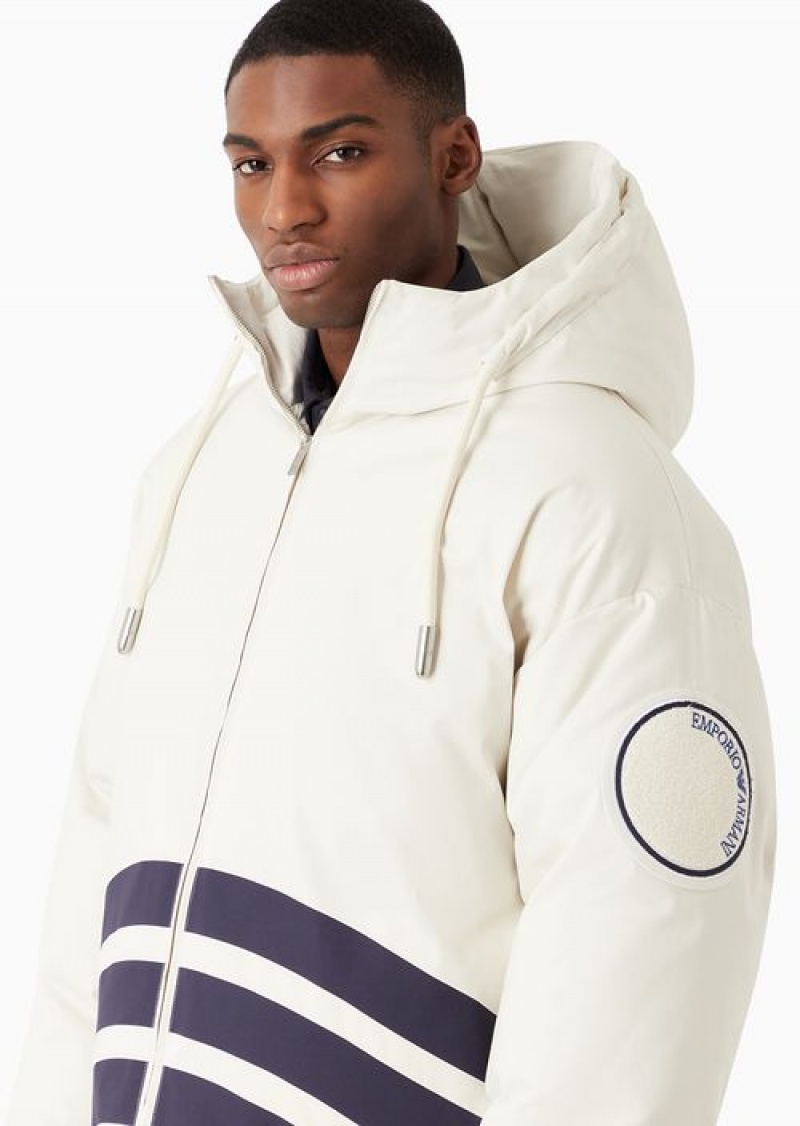 Milky White Emporio Armani Asv Capsule Organic Gabardine Puffer Jacket With Igloo Hood | EA-SN58164