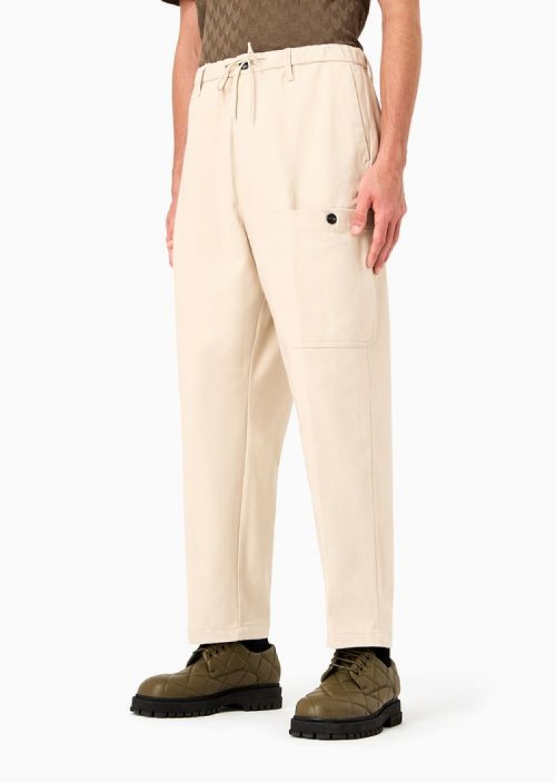 Milky White Emporio Armani Brushed Cotton Drawstring Trousers With Side Pockets | EA-SN58272