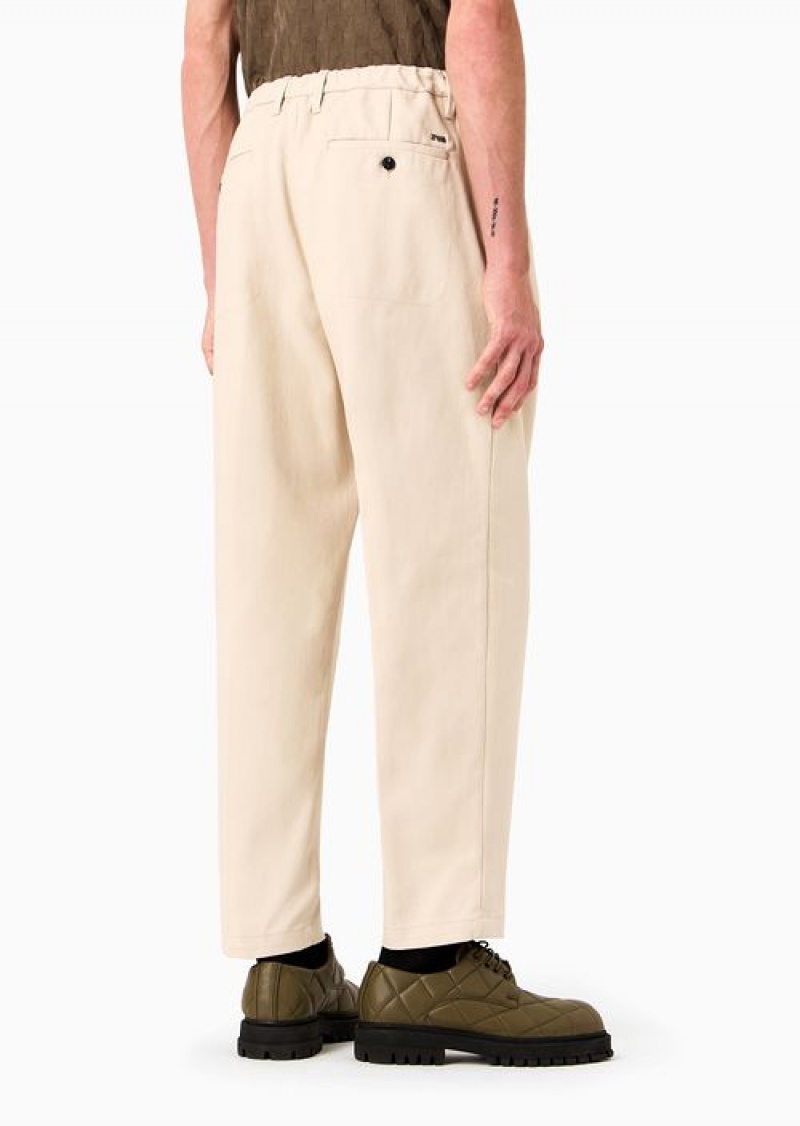 Milky White Emporio Armani Brushed Cotton Drawstring Trousers With Side Pockets | EA-SN58272