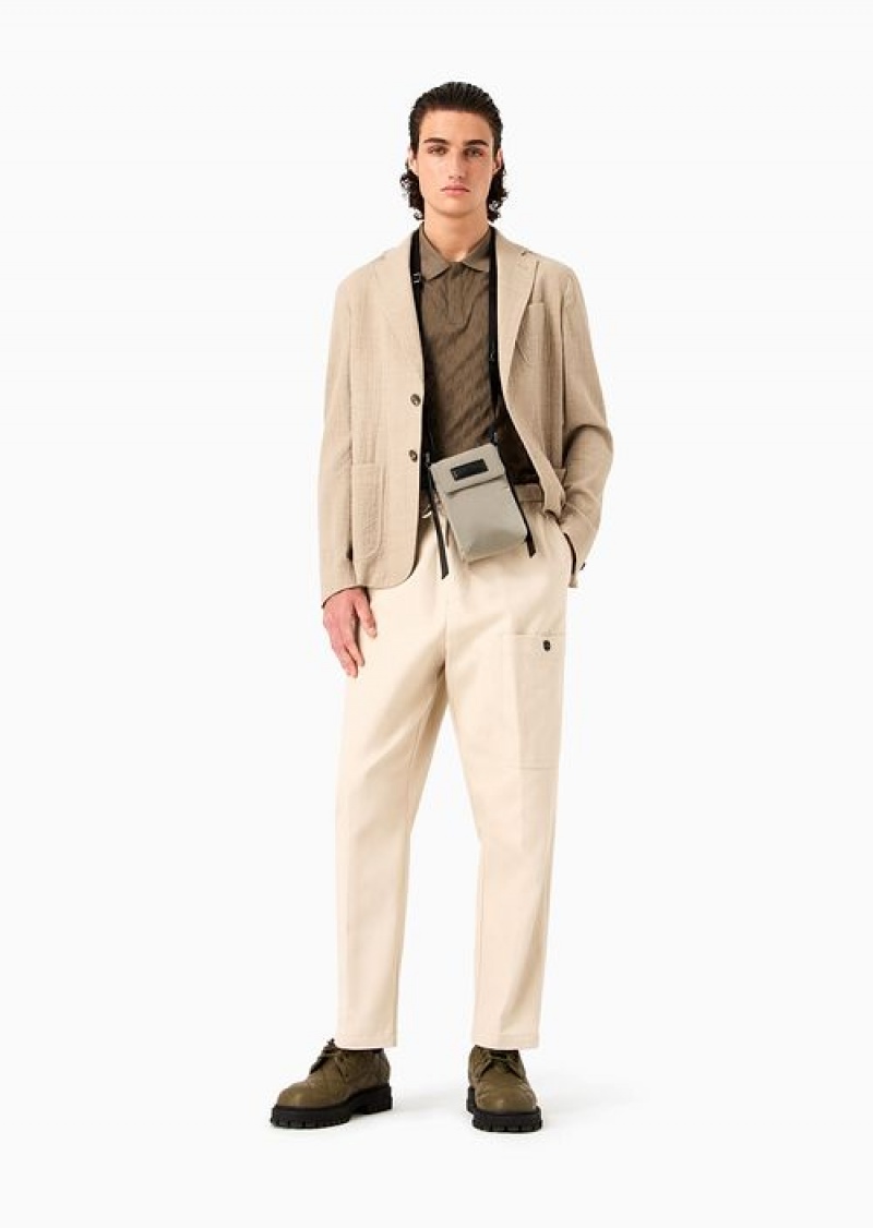 Milky White Emporio Armani Brushed Cotton Drawstring Trousers With Side Pockets | EA-SN58272