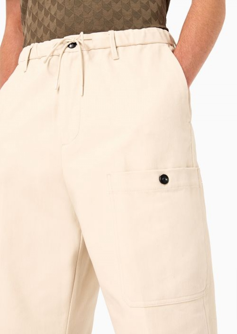 Milky White Emporio Armani Brushed Cotton Drawstring Trousers With Side Pockets | EA-SN58272