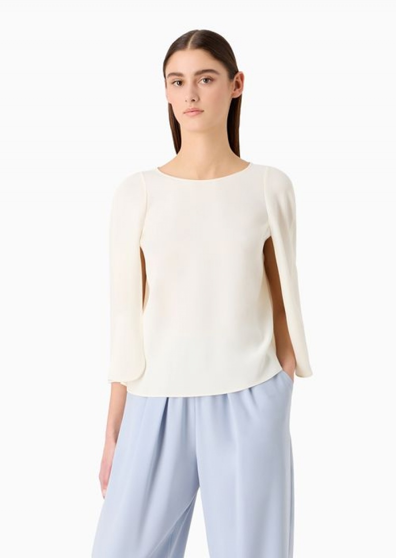 Milky White Emporio Armani Cape-sleeved Blouse In Technical Cady | EA-SN56938