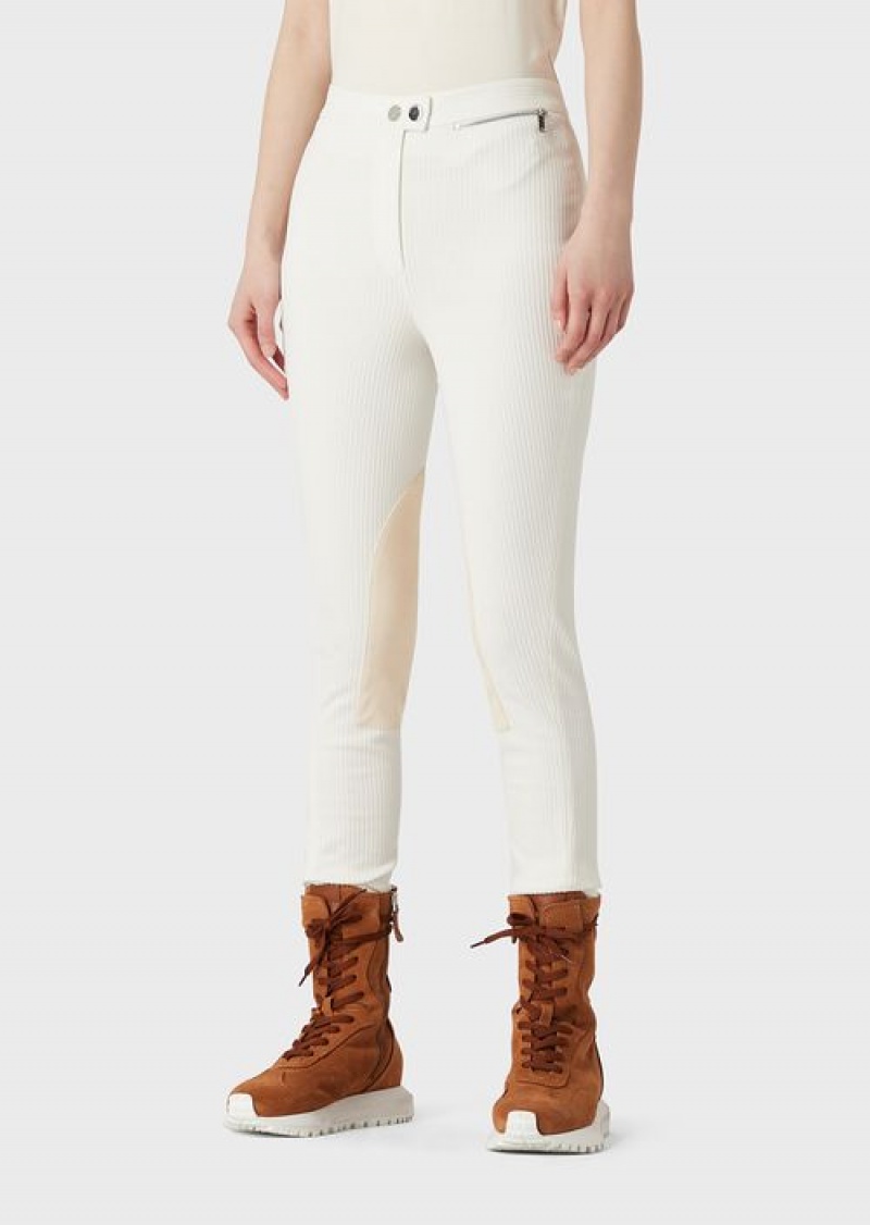 Milky White Emporio Armani Chalet Capsule Collection Skinny Trousers In A Milano-stitch Fabric With Flocked Ribs | EA-SN56849