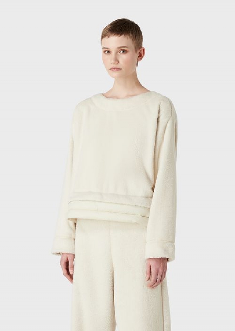 Milky White Emporio Armani Chalet Capsule Collection Teddy-effect Sweatshirt With Padded Nylon Insert | EA-SN57003