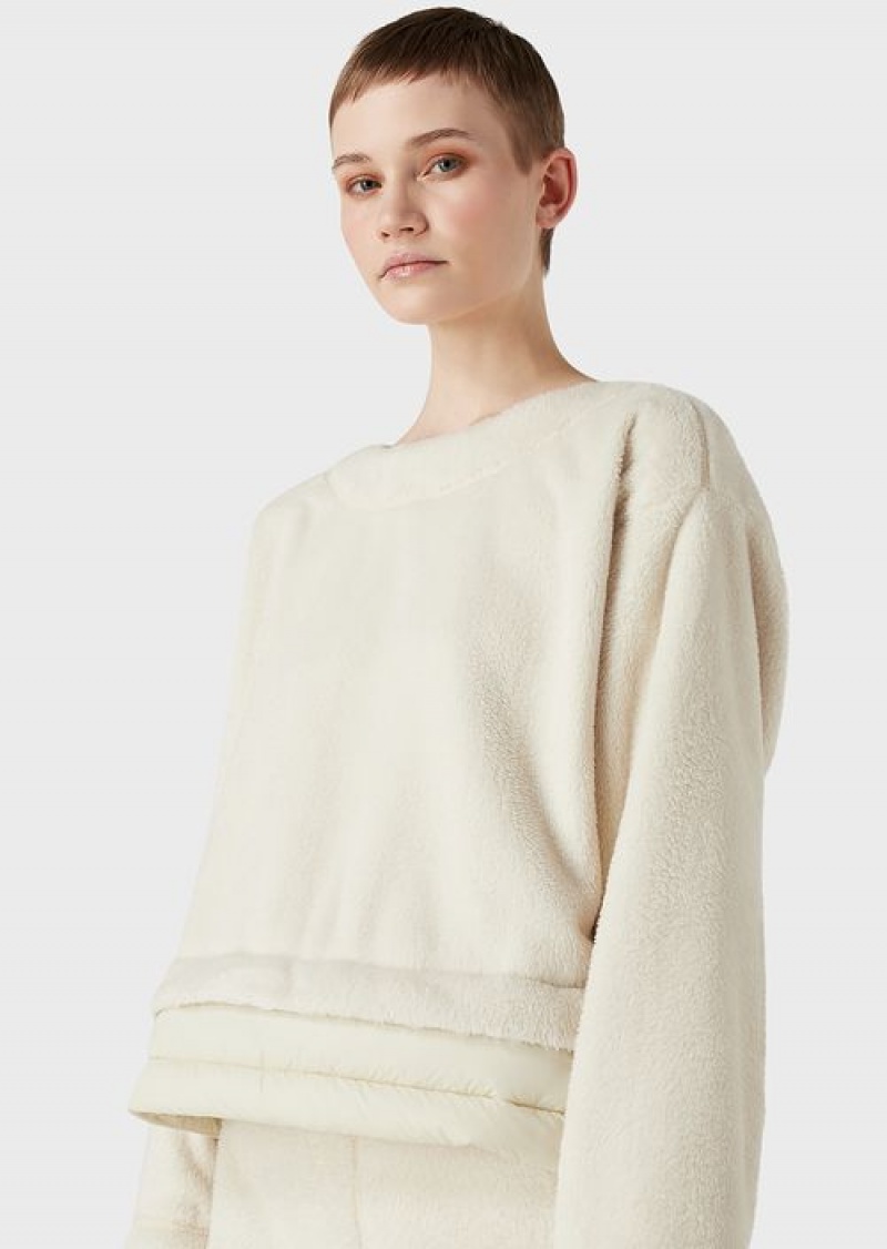 Milky White Emporio Armani Chalet Capsule Collection Teddy-effect Sweatshirt With Padded Nylon Insert | EA-SN57003