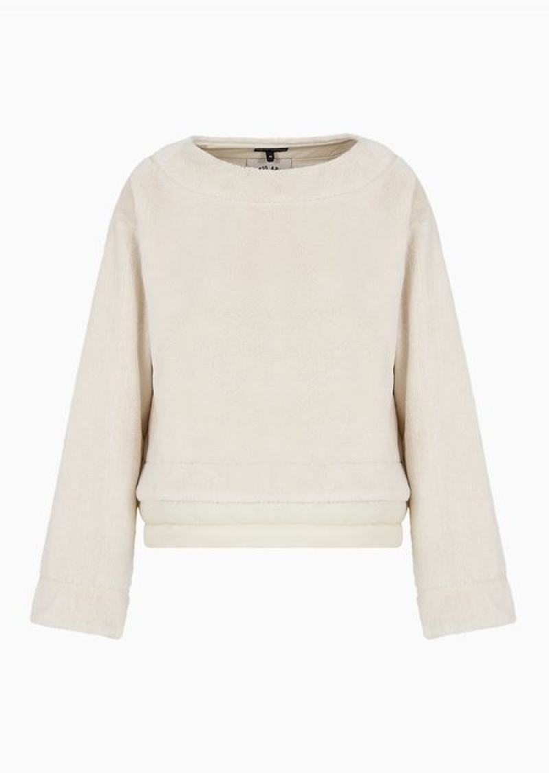 Milky White Emporio Armani Chalet Capsule Collection Teddy-effect Sweatshirt With Padded Nylon Insert | EA-SN57003