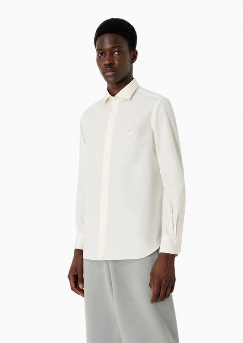 Milky White Emporio Armani Cotton Poplin Shirt With Embossed Ea Embroidery | EA-SN57874