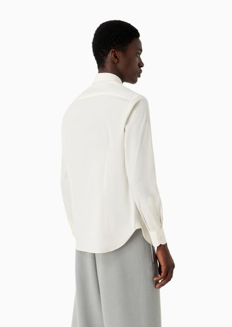 Milky White Emporio Armani Cotton Poplin Shirt With Embossed Ea Embroidery | EA-SN57874