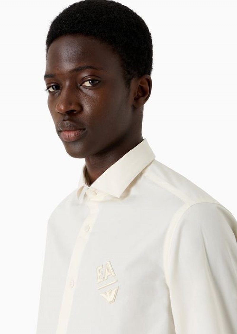 Milky White Emporio Armani Cotton Poplin Shirt With Embossed Ea Embroidery | EA-SN57874