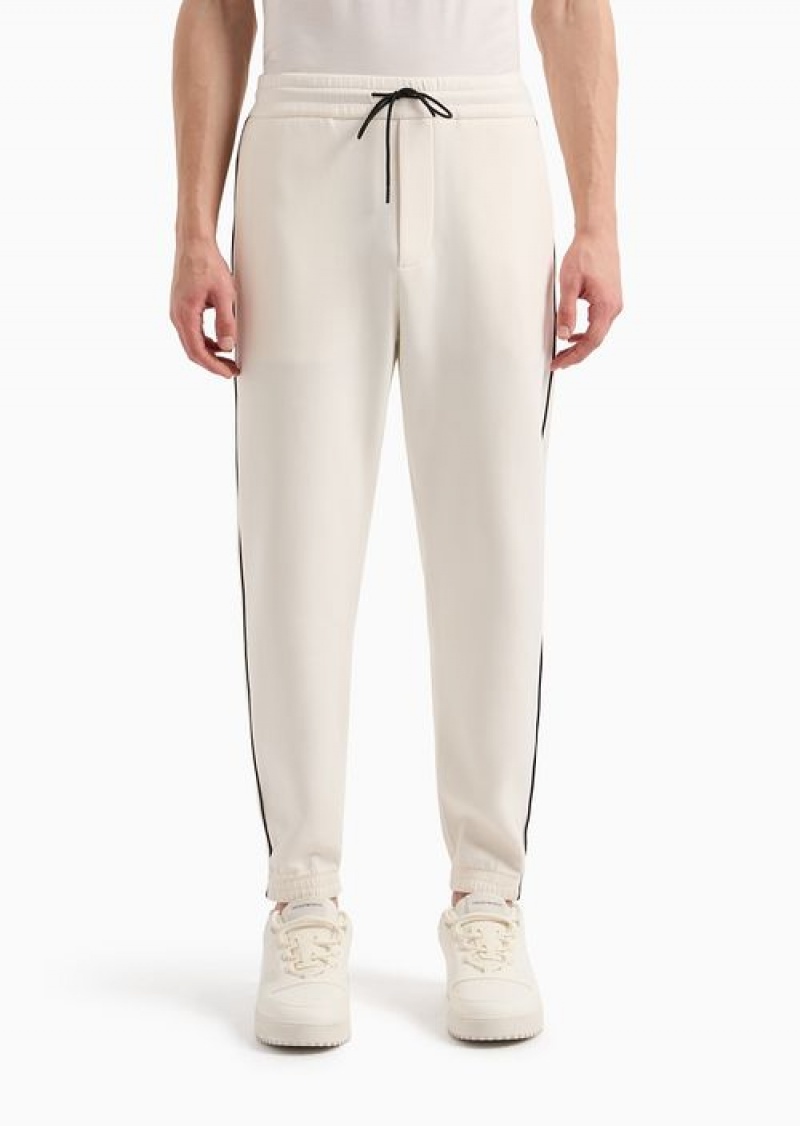 Milky White Emporio Armani Double-jersey Joggers With Drawstring And Logo Tape | EA-SN58398