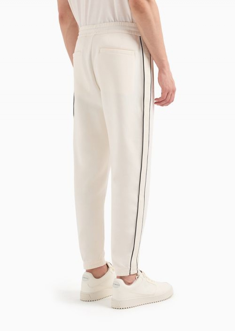 Milky White Emporio Armani Double-jersey Joggers With Drawstring And Logo Tape | EA-SN58398