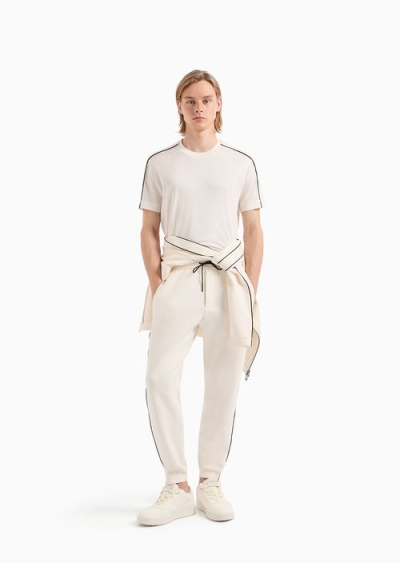 Milky White Emporio Armani Double-jersey Joggers With Drawstring And Logo Tape | EA-SN58398