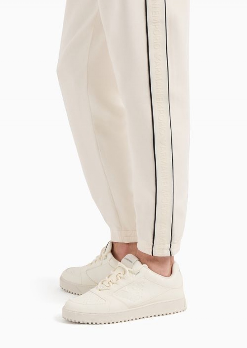 Milky White Emporio Armani Double-jersey Joggers With Drawstring And Logo Tape | EA-SN58398