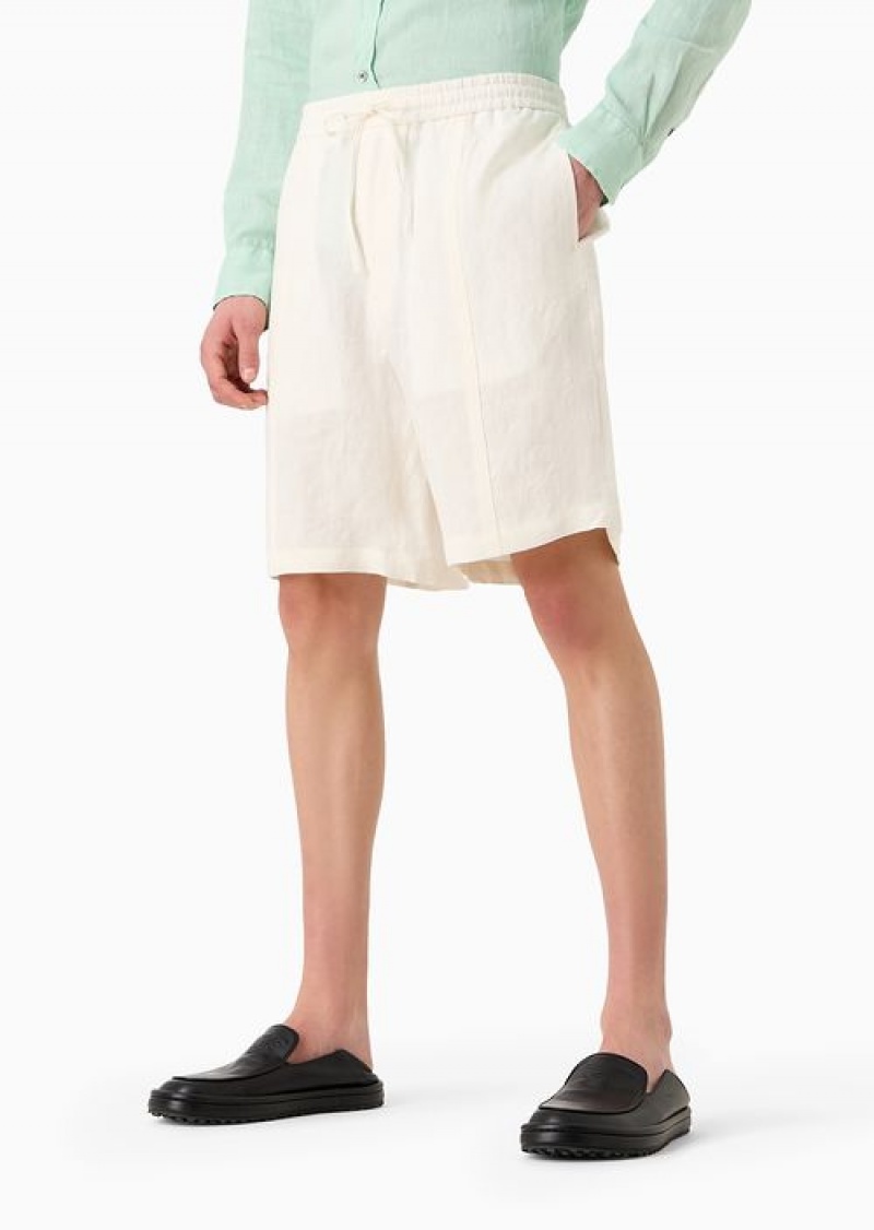 Milky White Emporio Armani Faded Linen With A CrêPe Texture Drawstring Board Shorts With Drawstring | EA-SN58373