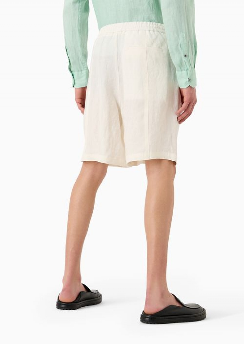 Milky White Emporio Armani Faded Linen With A CrêPe Texture Drawstring Board Shorts With Drawstring | EA-SN58373