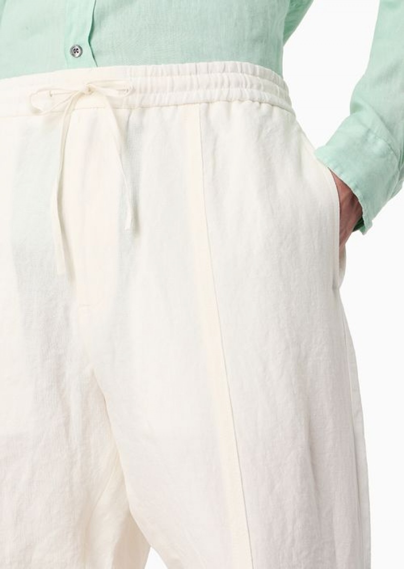 Milky White Emporio Armani Faded Linen With A CrêPe Texture Drawstring Board Shorts With Drawstring | EA-SN58373