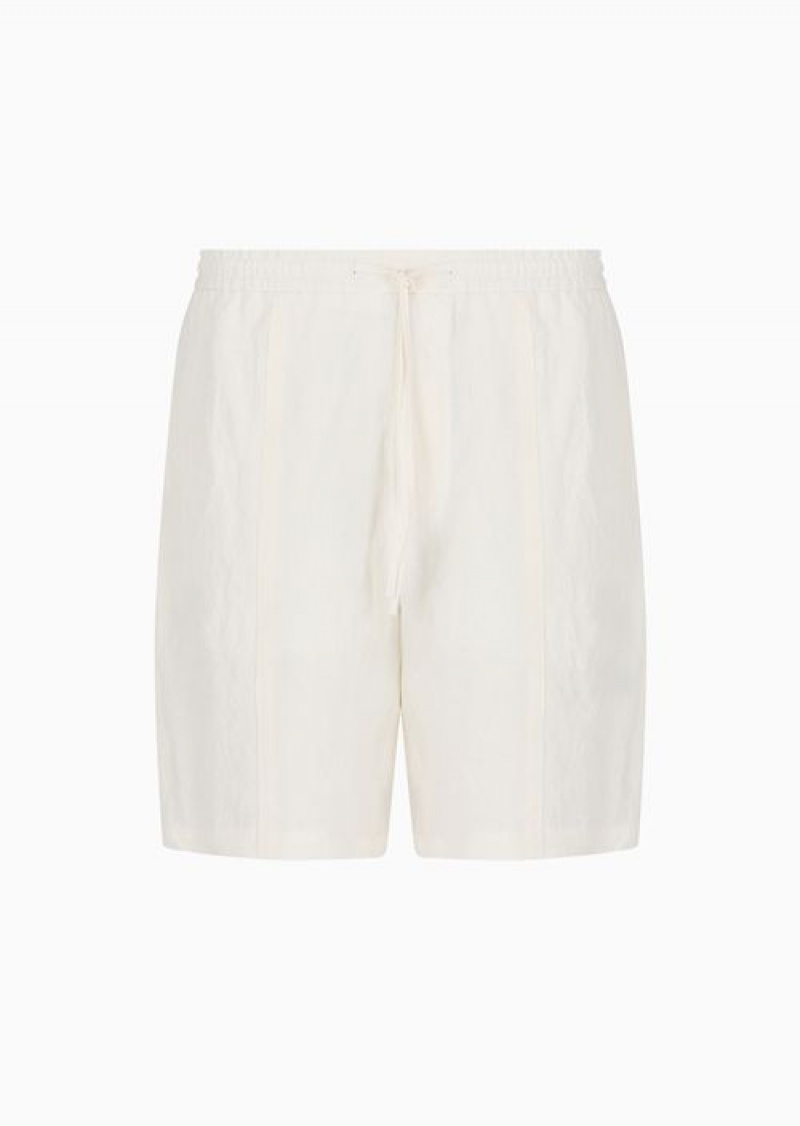 Milky White Emporio Armani Faded Linen With A CrêPe Texture Drawstring Board Shorts With Drawstring | EA-SN58373