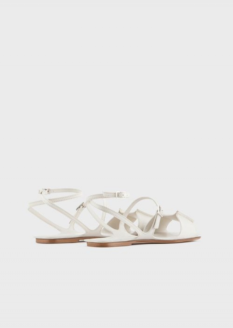 Milky White Emporio Armani Leather Double-strap Sandals | EA-SN57168