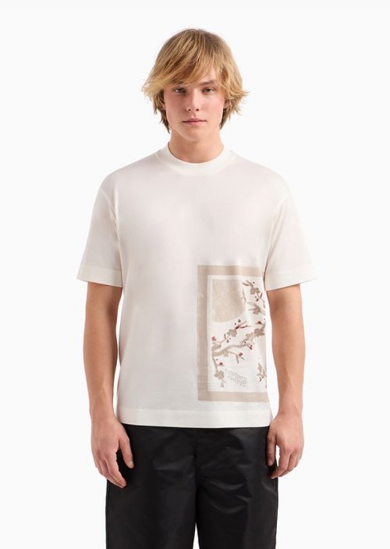 Milky White Emporio Armani Lyocell-blend Jersey T-shirt With Asv Asian Print | EA-SN58755