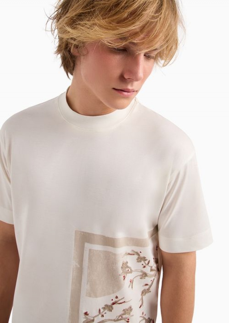 Milky White Emporio Armani Lyocell-blend Jersey T-shirt With Asv Asian Print | EA-SN58755