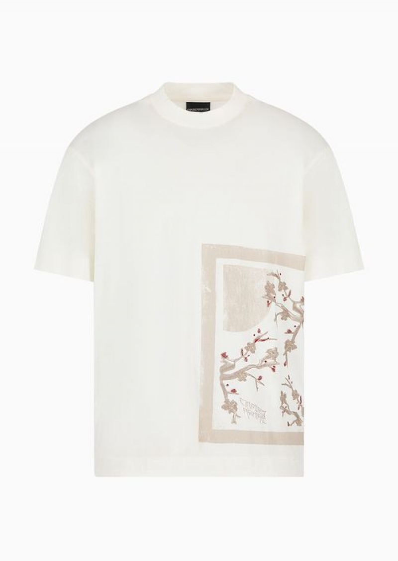 Milky White Emporio Armani Lyocell-blend Jersey T-shirt With Asv Asian Print | EA-SN58755