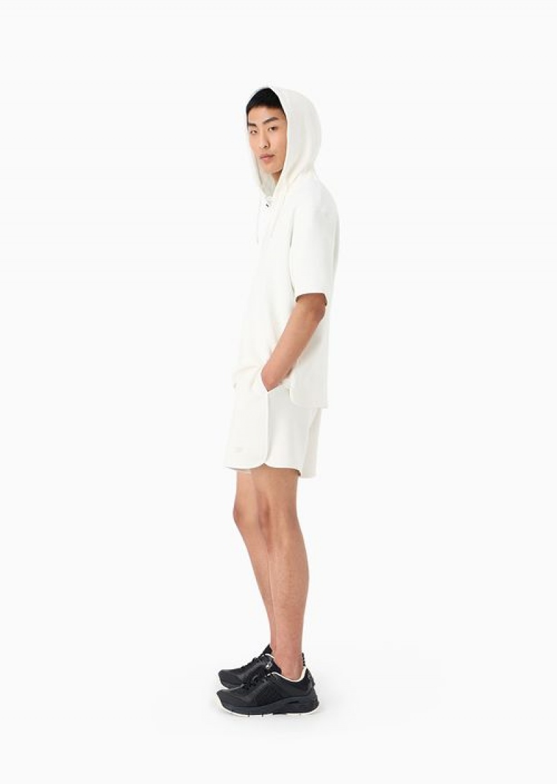 Milky White Emporio Armani Micro-eagle Embroidered Double Jersey Drawstring Shorts | EA-SN58303