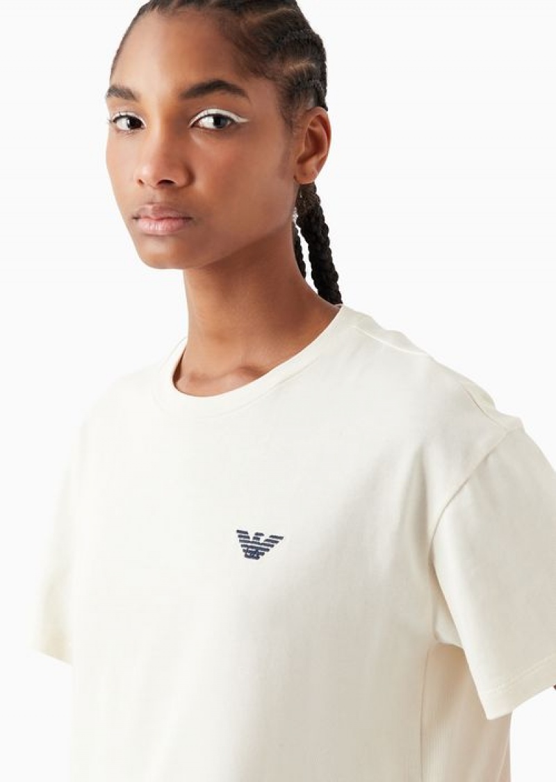 Milky White Emporio Armani Organic American Jersey T-shirt With 1981 Asv Capsule Print | EA-SN57035