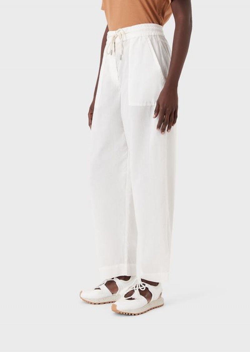 Milky White Emporio Armani Sustainable Collection 7/8 Drawstring Trousers In Garment-dyed Organic Muslin | EA-SN56861