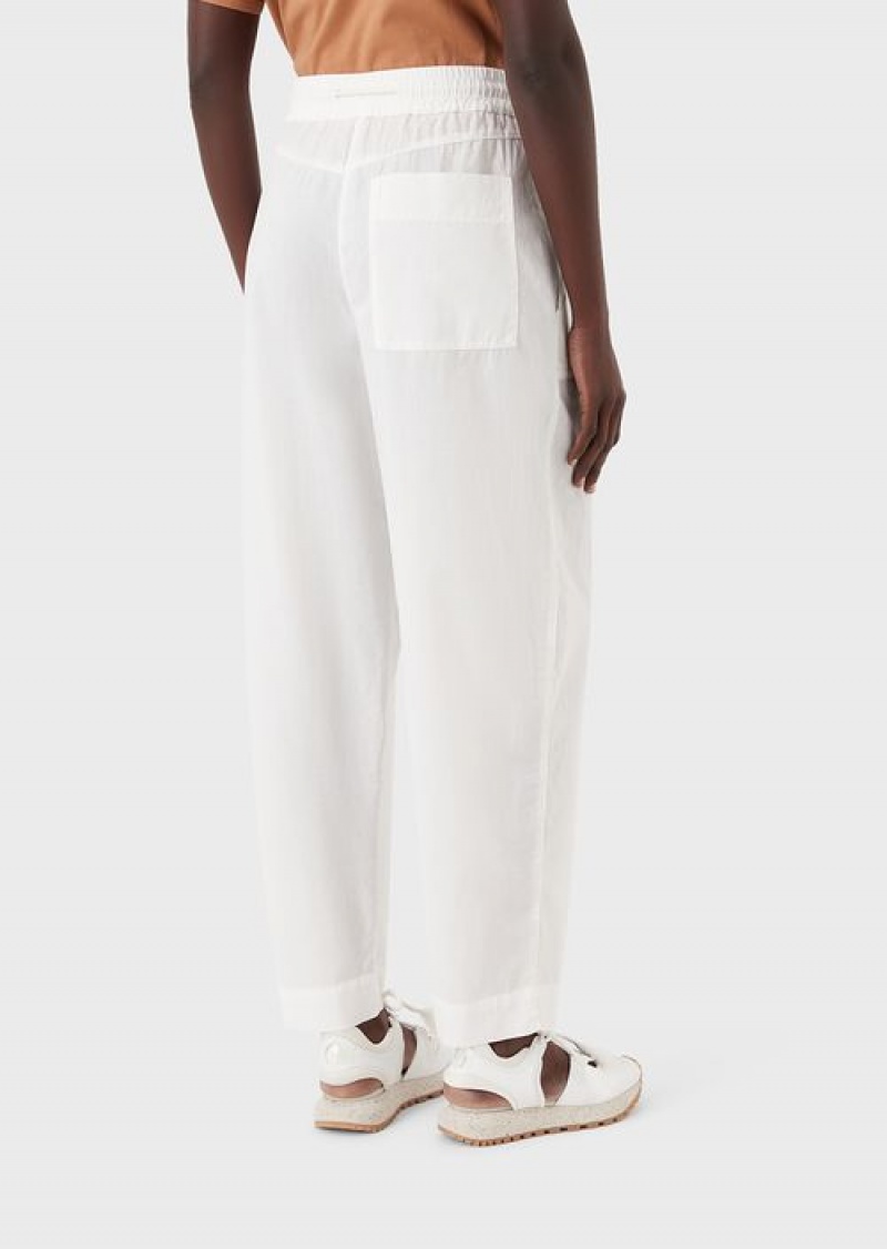 Milky White Emporio Armani Sustainable Collection 7/8 Drawstring Trousers In Garment-dyed Organic Muslin | EA-SN56861