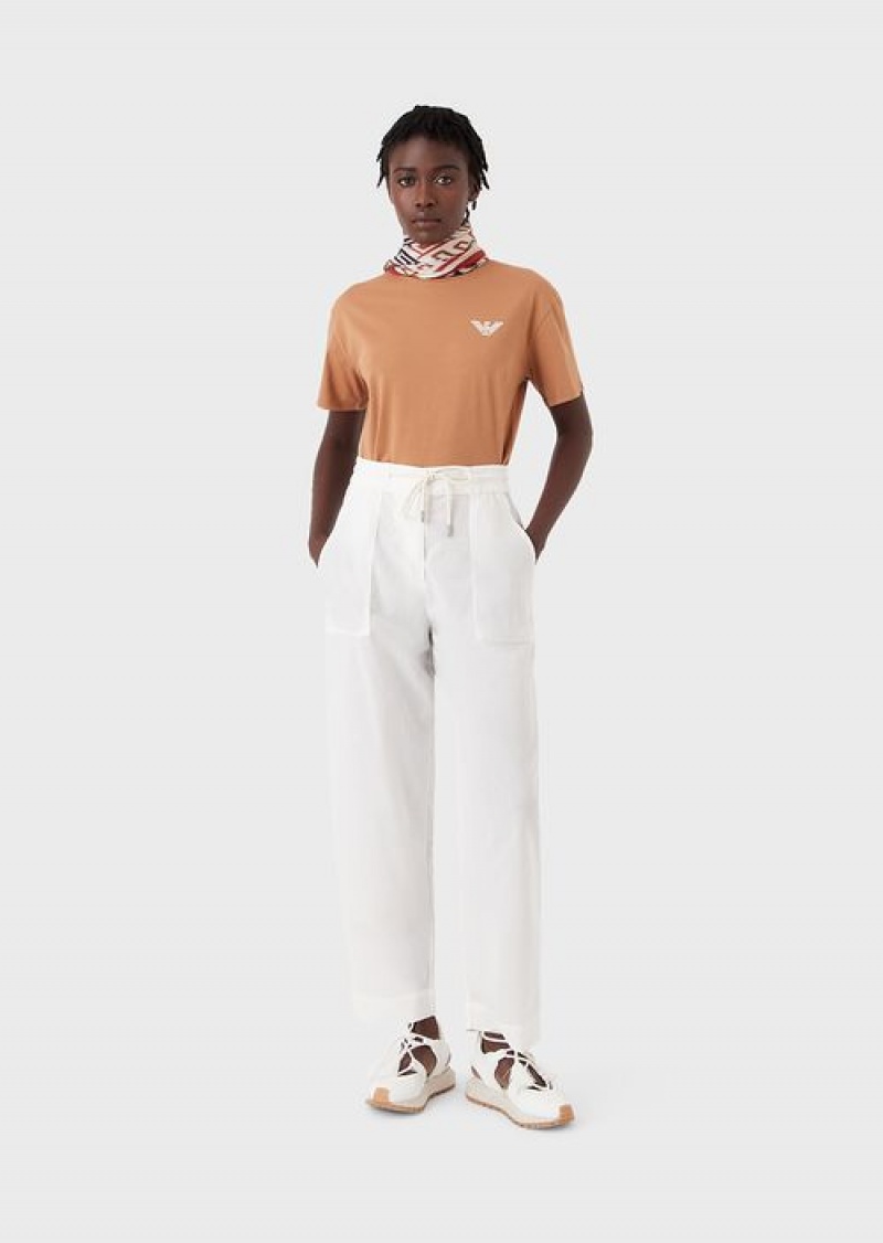 Milky White Emporio Armani Sustainable Collection 7/8 Drawstring Trousers In Garment-dyed Organic Muslin | EA-SN56861