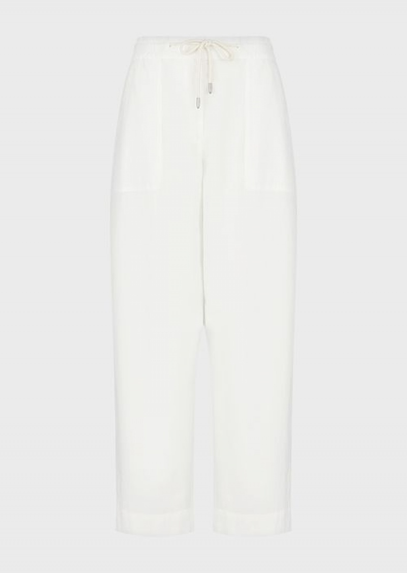 Milky White Emporio Armani Sustainable Collection 7/8 Drawstring Trousers In Garment-dyed Organic Muslin | EA-SN56861