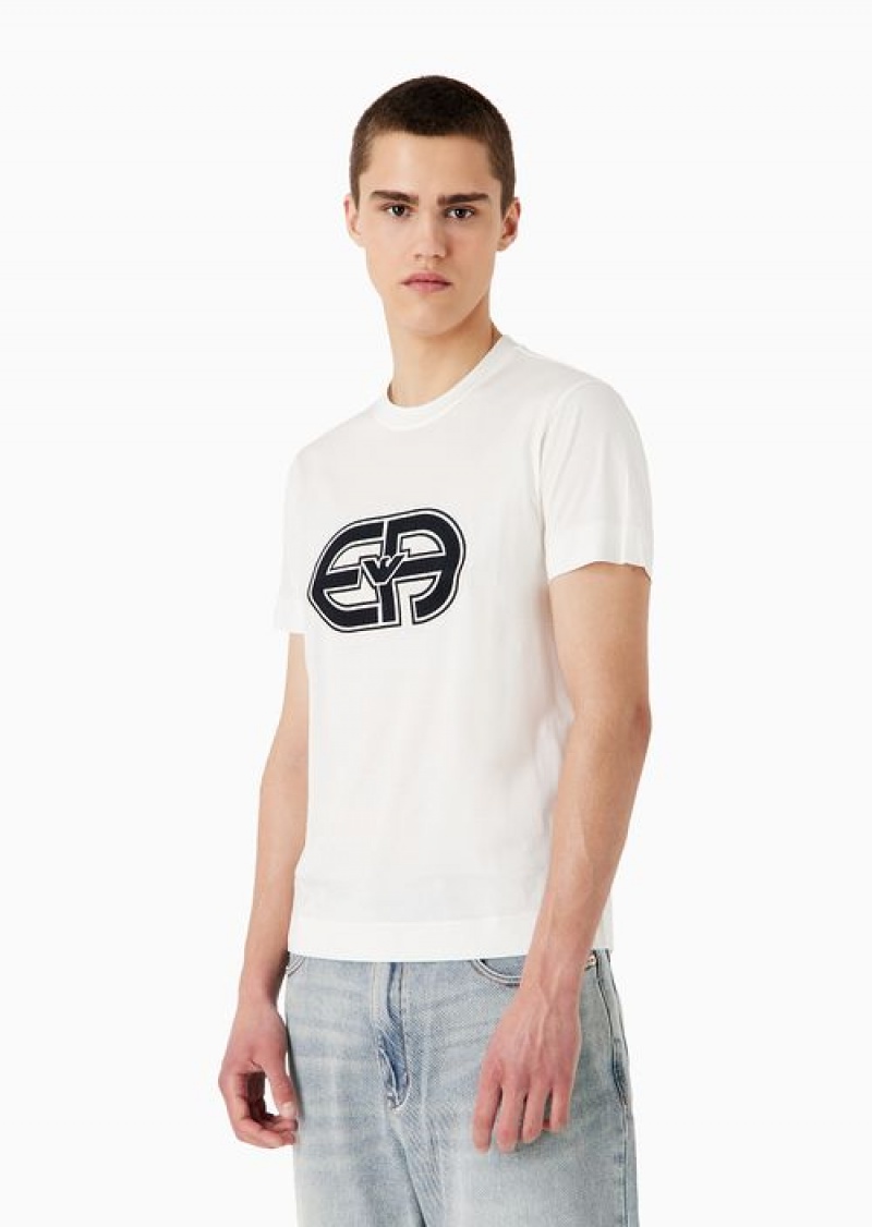 Milky White Emporio Armani Tencel-blend Jersey T-shirt With Oversized Ea Patch | EA-SN58700