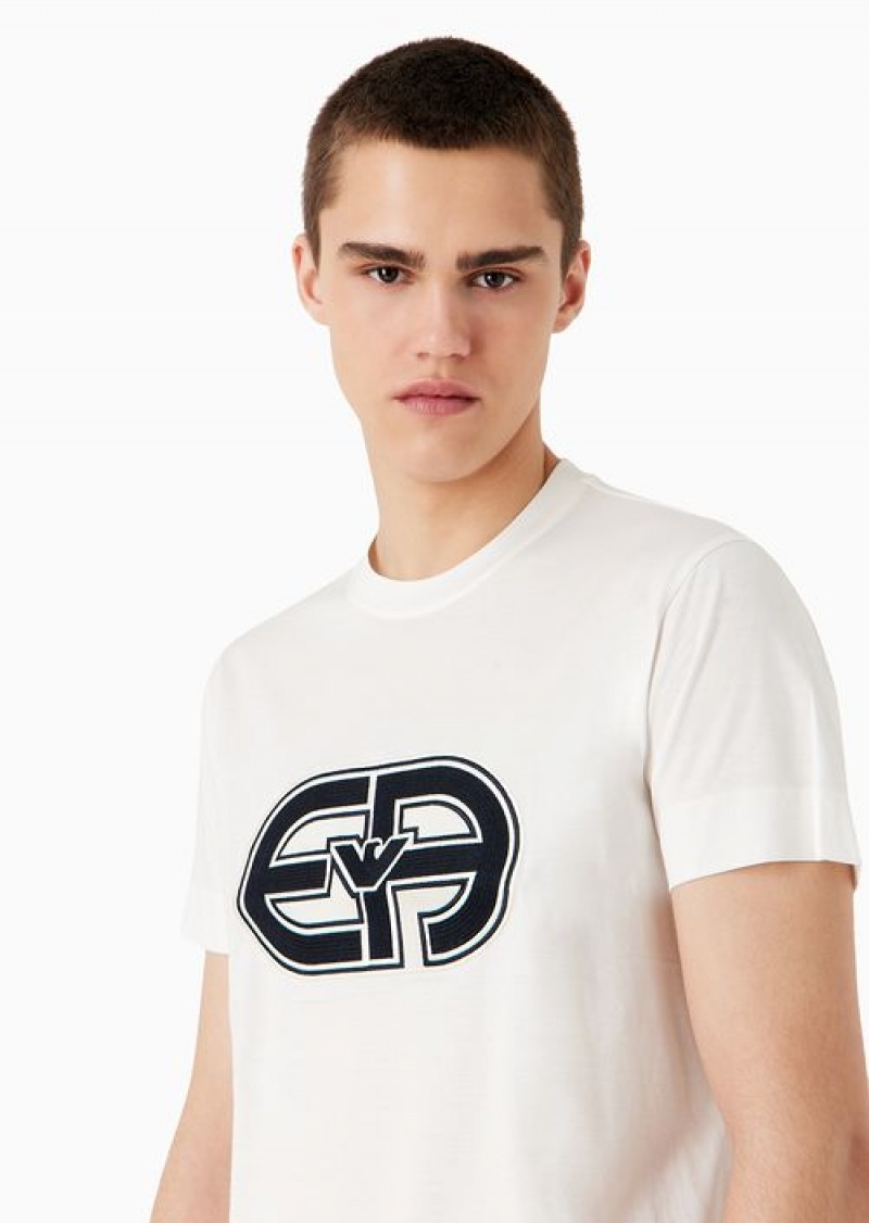 Milky White Emporio Armani Tencel-blend Jersey T-shirt With Oversized Ea Patch | EA-SN58700