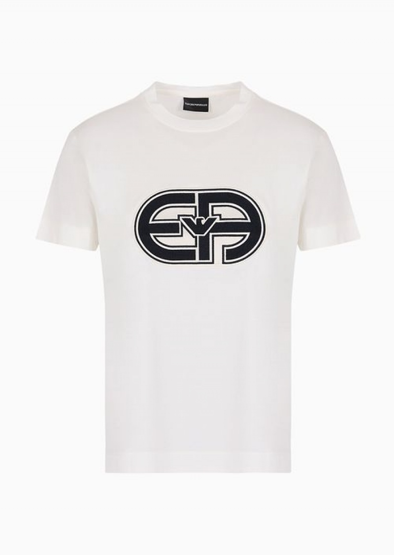 Milky White Emporio Armani Tencel-blend Jersey T-shirt With Oversized Ea Patch | EA-SN58700