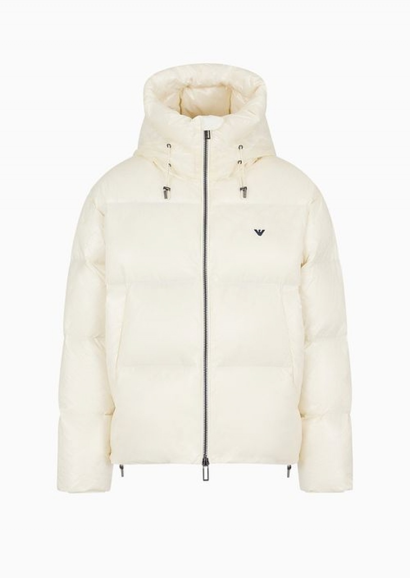 Milky White Emporio Armani Water-repellent Hooded Down Jacket In Quilted Nylon | EA-SN58229