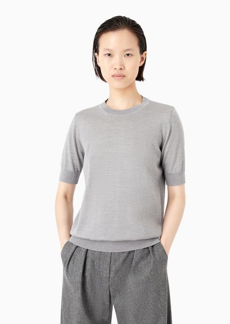 Mélange Grey Emporio Armani Short-sleeved Jumper In Plain-knit Pure Virgin Wool | EA-SN56691