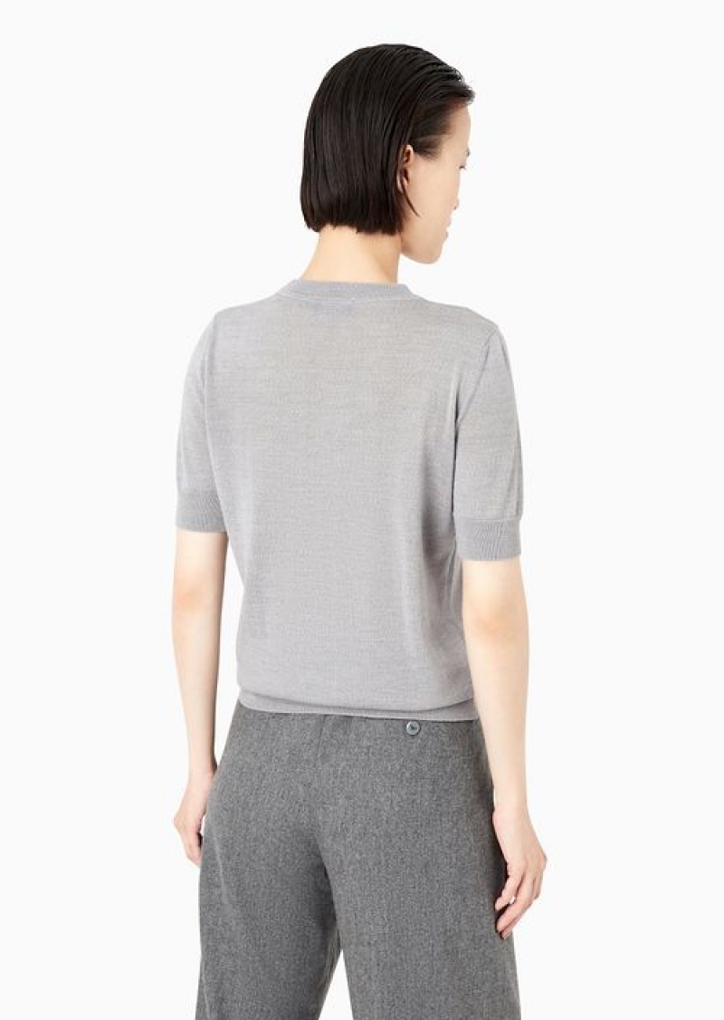 Mélange Grey Emporio Armani Short-sleeved Jumper In Plain-knit Pure Virgin Wool | EA-SN56691