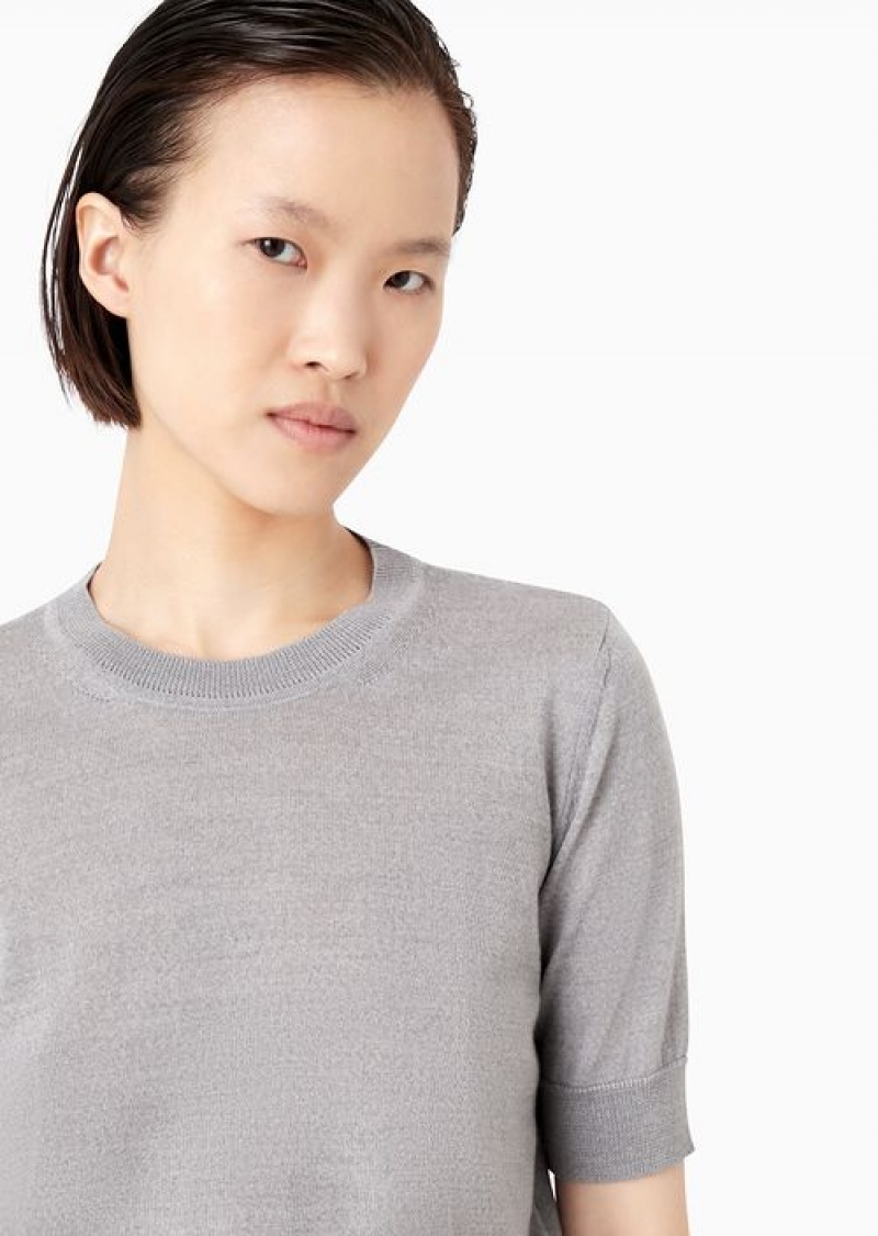 Mélange Grey Emporio Armani Short-sleeved Jumper In Plain-knit Pure Virgin Wool | EA-SN56691