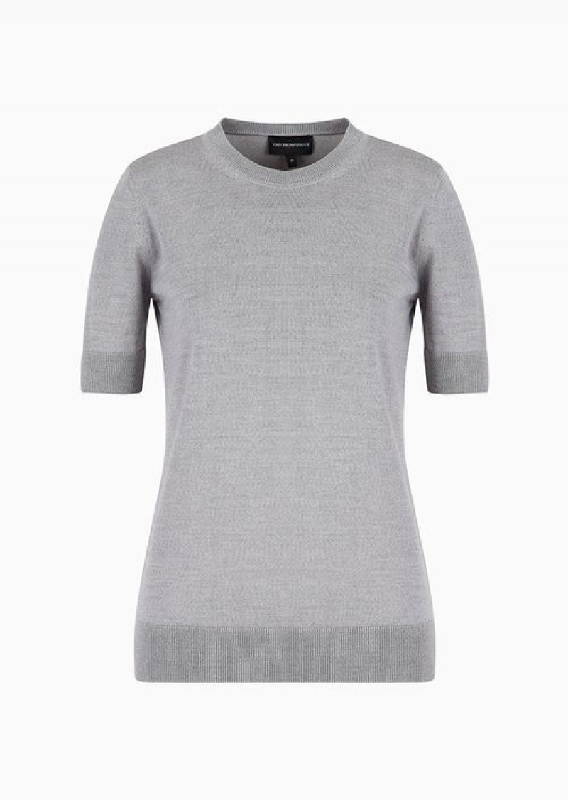 Mélange Grey Emporio Armani Short-sleeved Jumper In Plain-knit Pure Virgin Wool | EA-SN56691