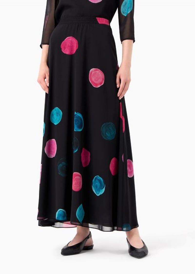 Multicolour Emporio Armani All-over Painted-effect Oversized Polka-dot Print Chiffon Full Skirt | EA-SN56903