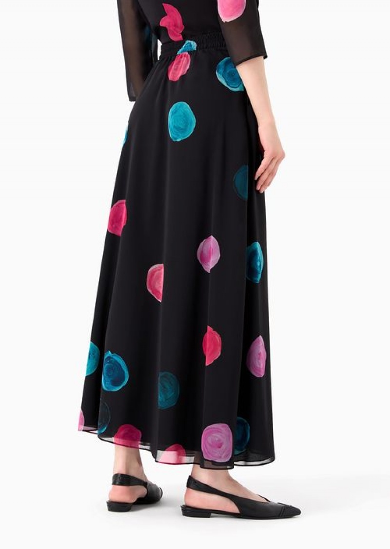 Multicolour Emporio Armani All-over Painted-effect Oversized Polka-dot Print Chiffon Full Skirt | EA-SN56903