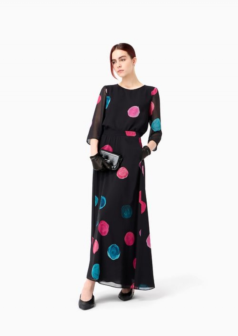 Multicolour Emporio Armani All-over Painted-effect Oversized Polka-dot Print Chiffon Full Skirt | EA-SN56903