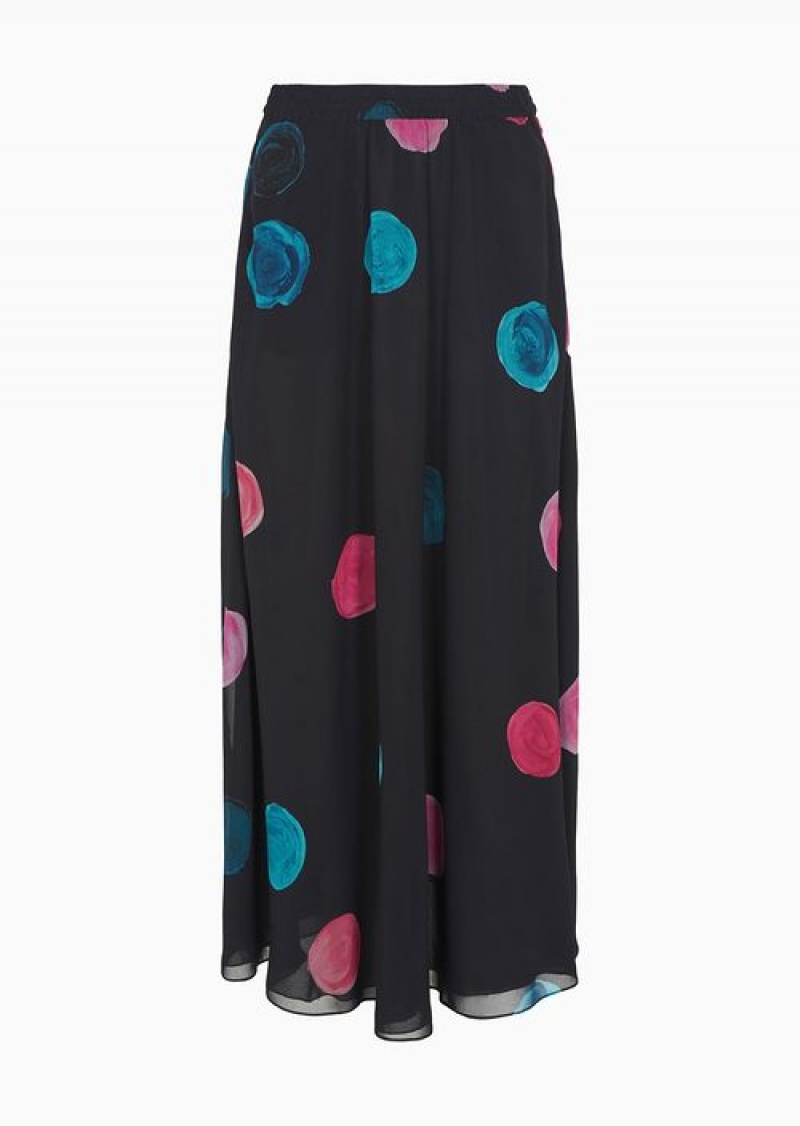 Multicolour Emporio Armani All-over Painted-effect Oversized Polka-dot Print Chiffon Full Skirt | EA-SN56903