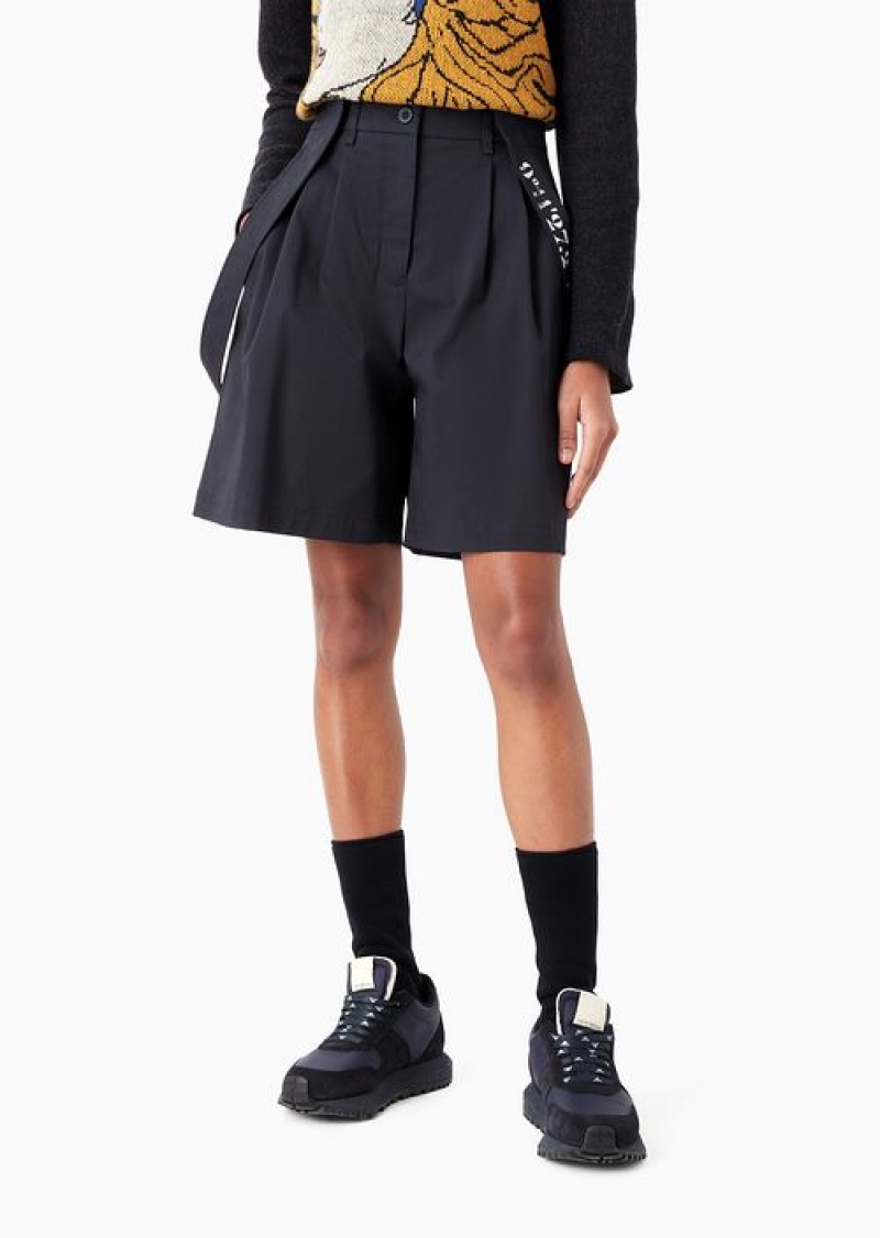 Navy Blue Emporio Armani Asv Capsule Board Shorts With Braces In Organic Gabardine With A Coordinate Print | EA-SN56799